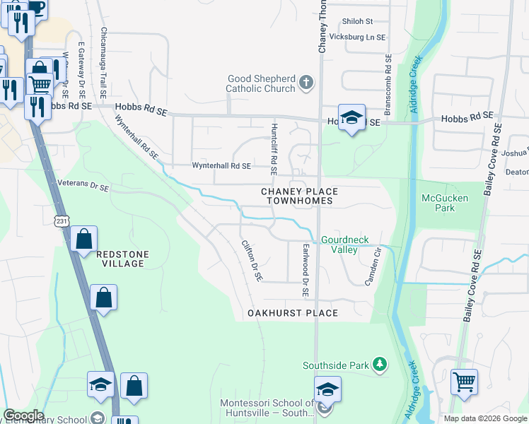 map of restaurants, bars, coffee shops, grocery stores, and more near 2436 Johnstone Circle Southeast in Huntsville