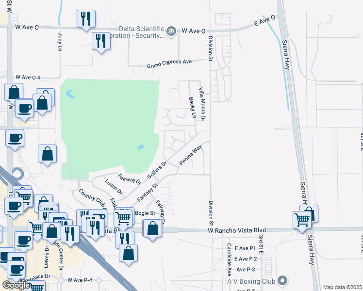 map of restaurants, bars, coffee shops, grocery stores, and more near 39955 Golfers Drive in Palmdale