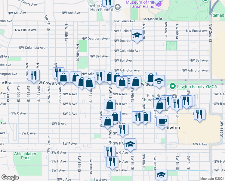 map of restaurants, bars, coffee shops, grocery stores, and more near 10 Southwest 11th Street in Lawton