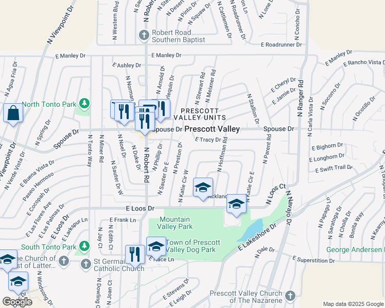 map of restaurants, bars, coffee shops, grocery stores, and more near 4501 North Katie Circle West in Prescott Valley