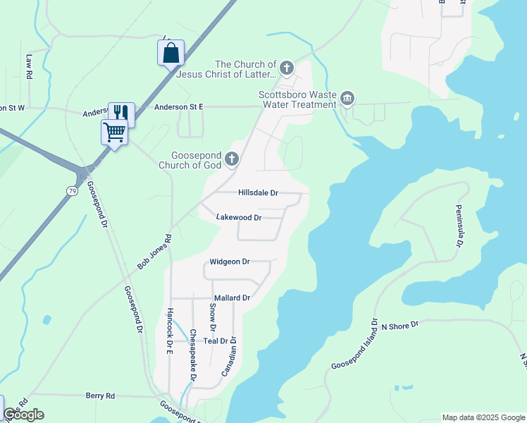 map of restaurants, bars, coffee shops, grocery stores, and more near 269 Lakewood Drive in Scottsboro