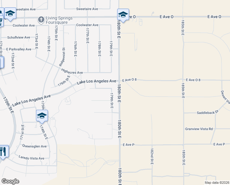 map of restaurants, bars, coffee shops, grocery stores, and more near 39928 179th Street East in Palmdale