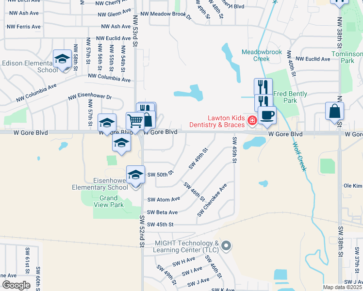 map of restaurants, bars, coffee shops, grocery stores, and more near 7 Southwest 50th Street in Lawton