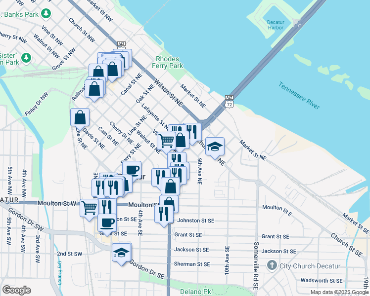 map of restaurants, bars, coffee shops, grocery stores, and more near 714 6th Avenue Northeast in Decatur