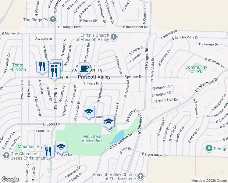 map of restaurants, bars, coffee shops, grocery stores, and more near 4528 N Katie Circle East in Prescott Valley