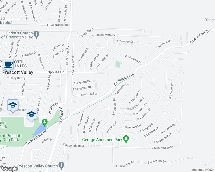 map of restaurants, bars, coffee shops, grocery stores, and more near 4500 North Jokake Circle in Prescott Valley