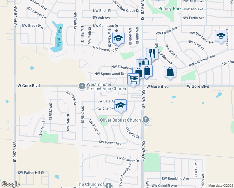 map of restaurants, bars, coffee shops, grocery stores, and more near 6935 Southwest Hampshire Circle in Lawton