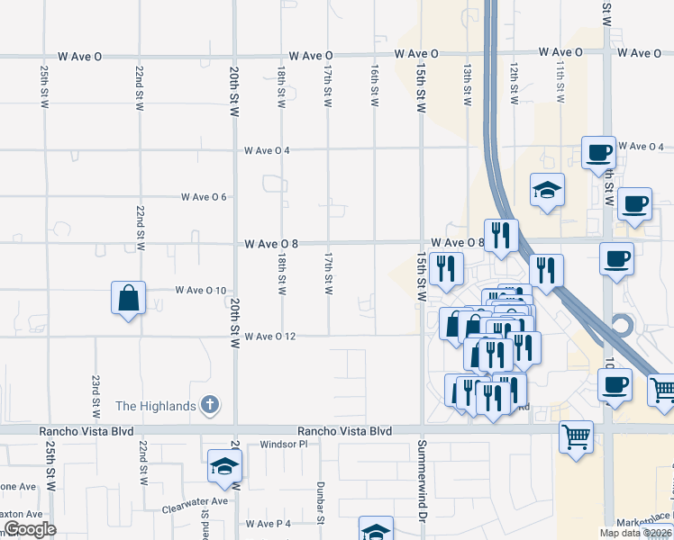 map of restaurants, bars, coffee shops, grocery stores, and more near 39928 17th Street West in Palmdale