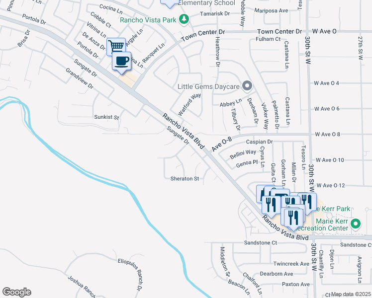 map of restaurants, bars, coffee shops, grocery stores, and more near 39952 Westcliff Street in Palmdale