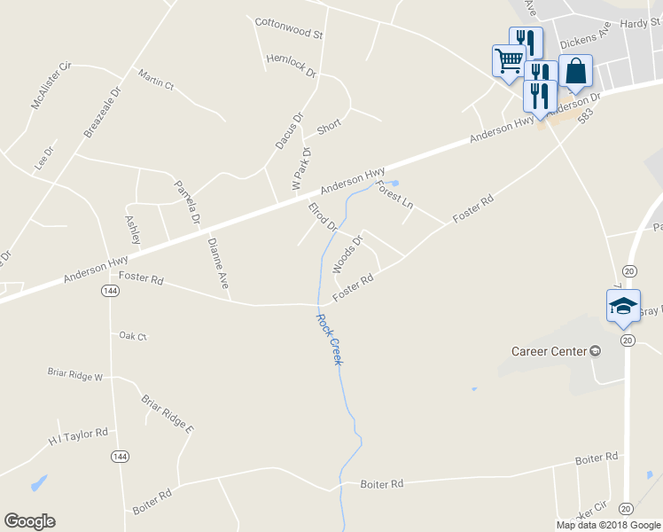 map of restaurants, bars, coffee shops, grocery stores, and more near 106 Woods Drive in Williamston