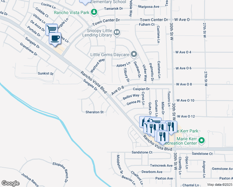 map of restaurants, bars, coffee shops, grocery stores, and more near 3425 Caspian Drive in Palmdale