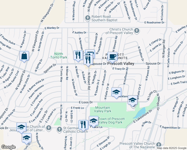 map of restaurants, bars, coffee shops, grocery stores, and more near 4516 North Phillip Drive in Prescott Valley