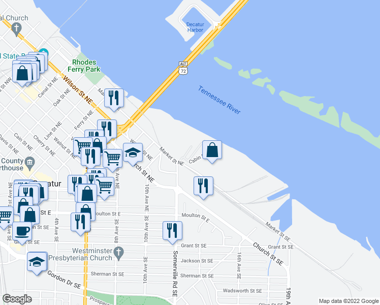 map of restaurants, bars, coffee shops, grocery stores, and more near 1100 Somerville Road Northeast in Decatur