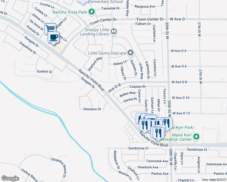 map of restaurants, bars, coffee shops, grocery stores, and more near 3425 Caspian Drive in Palmdale