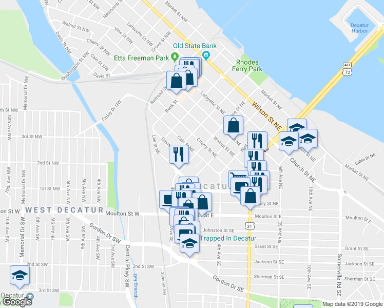 map of restaurants, bars, coffee shops, grocery stores, and more near 219 Cain Street Northeast in Decatur