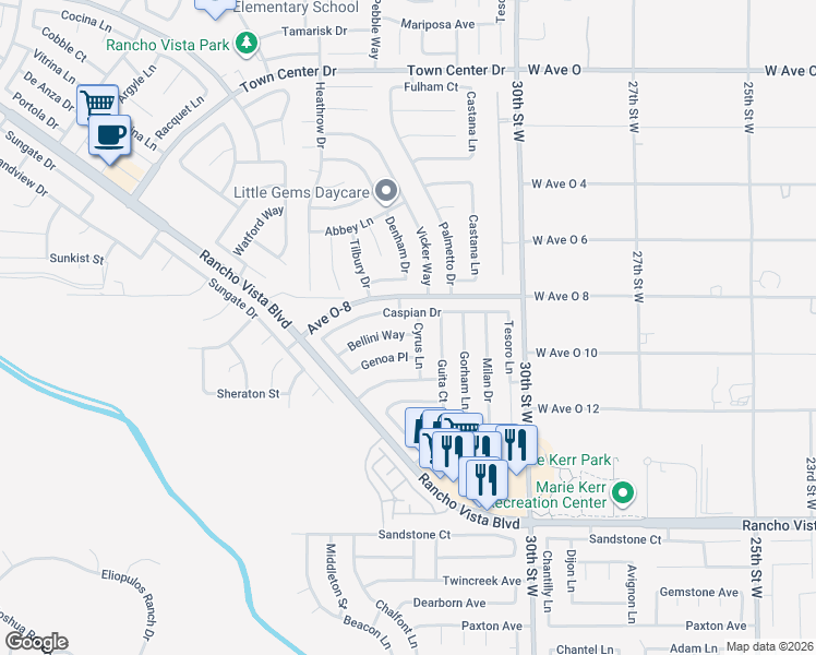 map of restaurants, bars, coffee shops, grocery stores, and more near 3225 Bellini Way in Palmdale