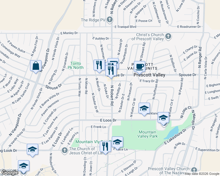 map of restaurants, bars, coffee shops, grocery stores, and more near 4501 North Duke Drive in Prescott Valley