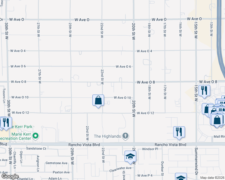 map of restaurants, bars, coffee shops, grocery stores, and more near 2124 West Avenue O 8 in Palmdale