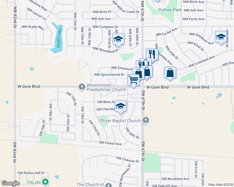 map of restaurants, bars, coffee shops, grocery stores, and more near 6935 Southwest Hampshire Circle in Lawton