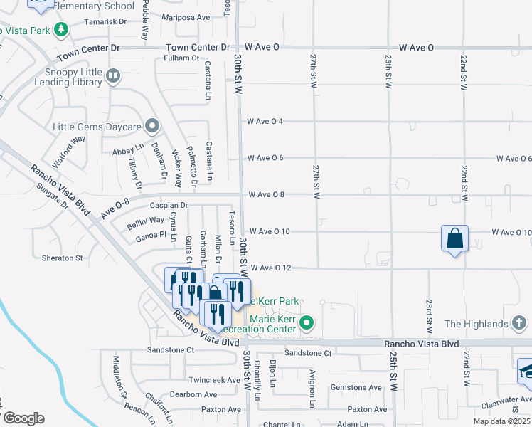 map of restaurants, bars, coffee shops, grocery stores, and more near 2828 West Avenue O 8 in Palmdale