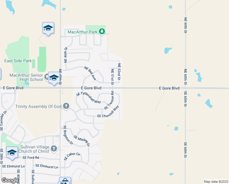 map of restaurants, bars, coffee shops, grocery stores, and more near 102 Southeast Churchill Way in Lawton