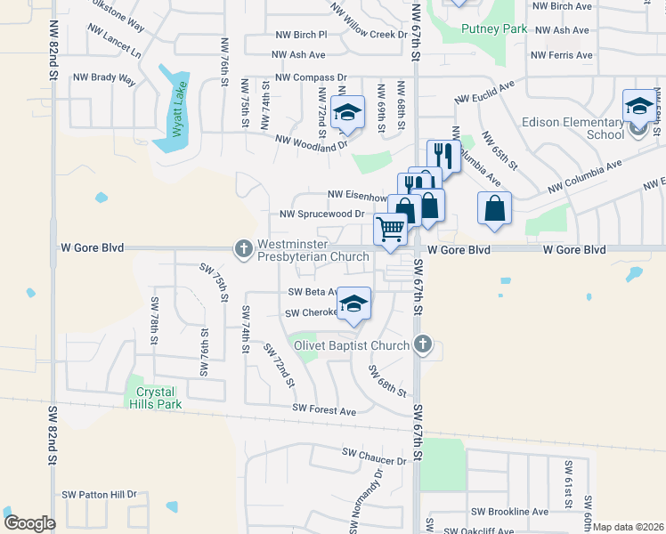 map of restaurants, bars, coffee shops, grocery stores, and more near 7077 Southwest Westchester Circle in Lawton