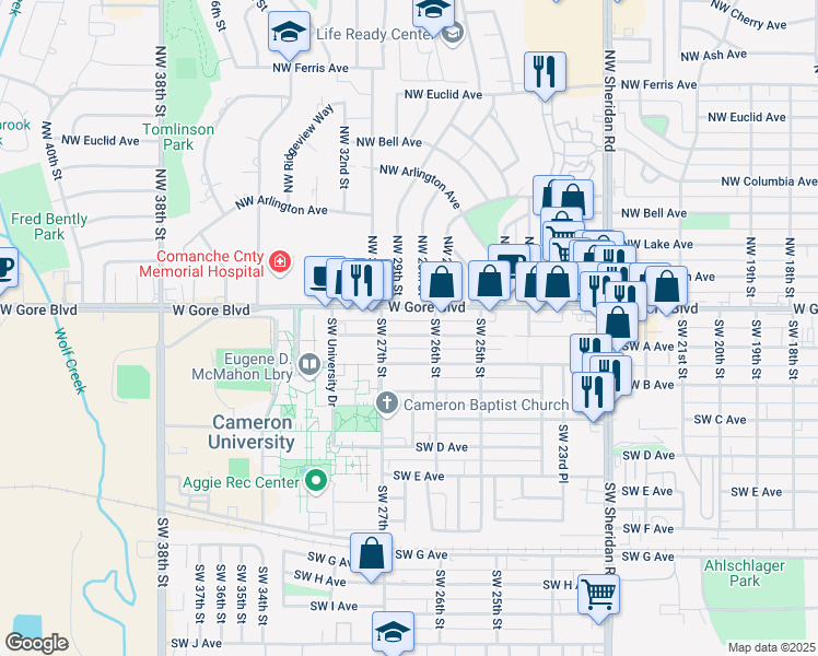map of restaurants, bars, coffee shops, grocery stores, and more near 2611 Southwest Cornell Avenue in Lawton