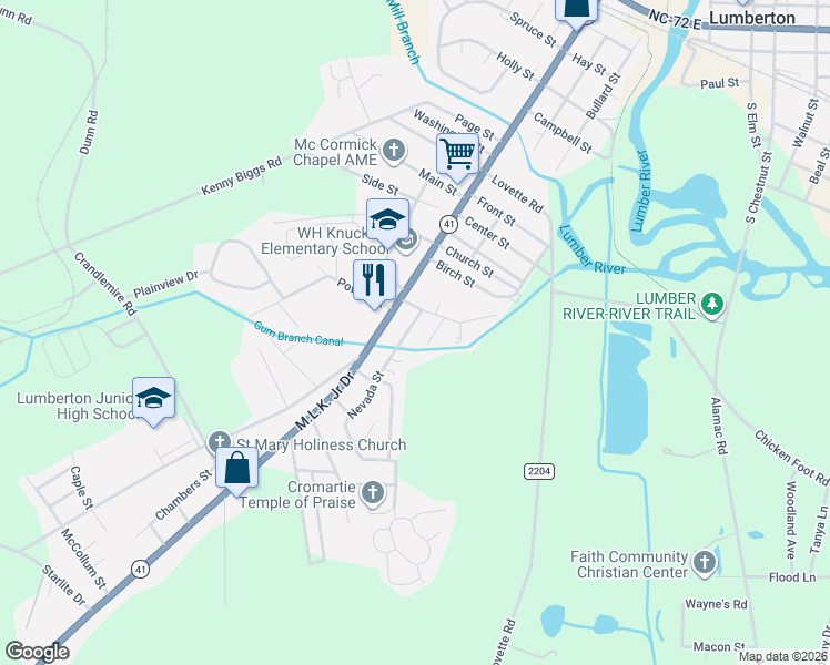map of restaurants, bars, coffee shops, grocery stores, and more near 1712 Maryland Street in Lumberton