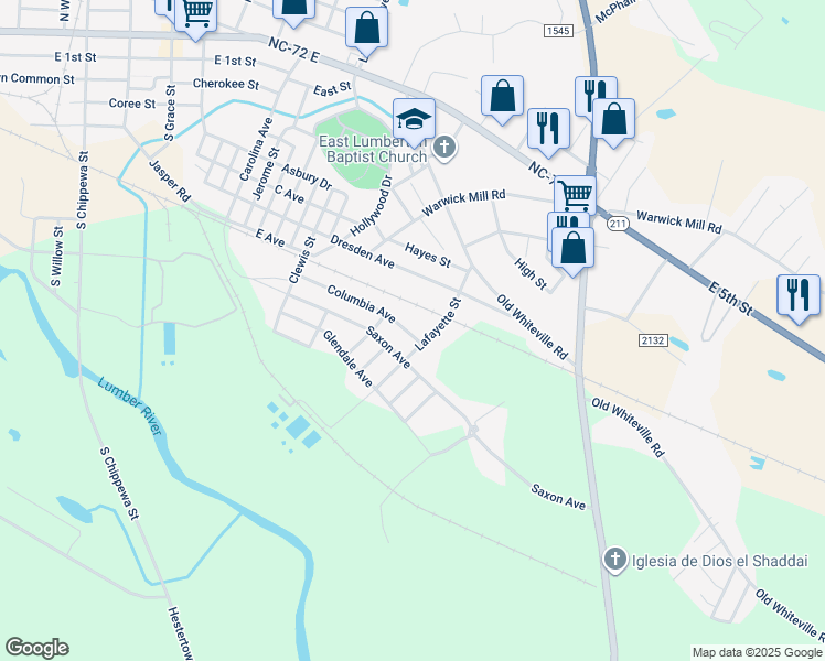 map of restaurants, bars, coffee shops, grocery stores, and more near 701 Columbia Avenue in Lumberton