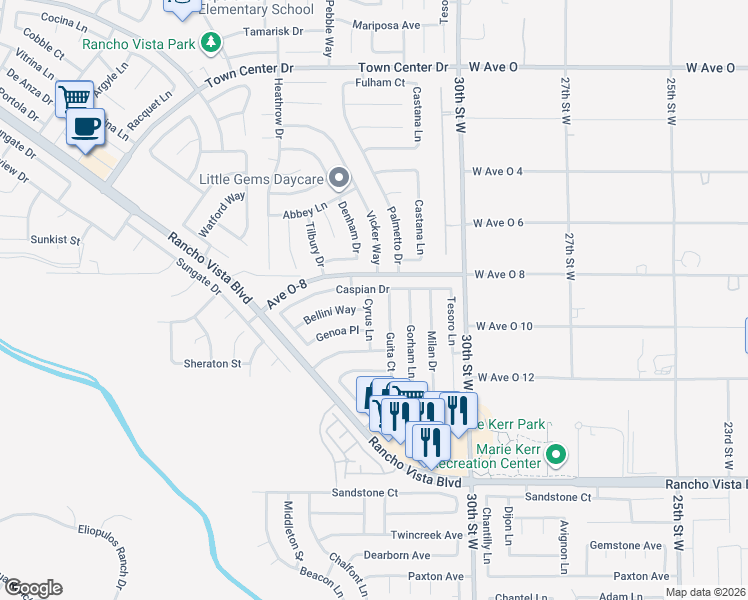 map of restaurants, bars, coffee shops, grocery stores, and more near 39932 Cyrus Lane in Palmdale