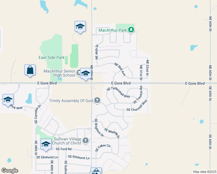map of restaurants, bars, coffee shops, grocery stores, and more near 105 Southeast Tattershall Way in Lawton