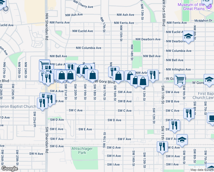 map of restaurants, bars, coffee shops, grocery stores, and more near 1616 West Gore Boulevard in Lawton