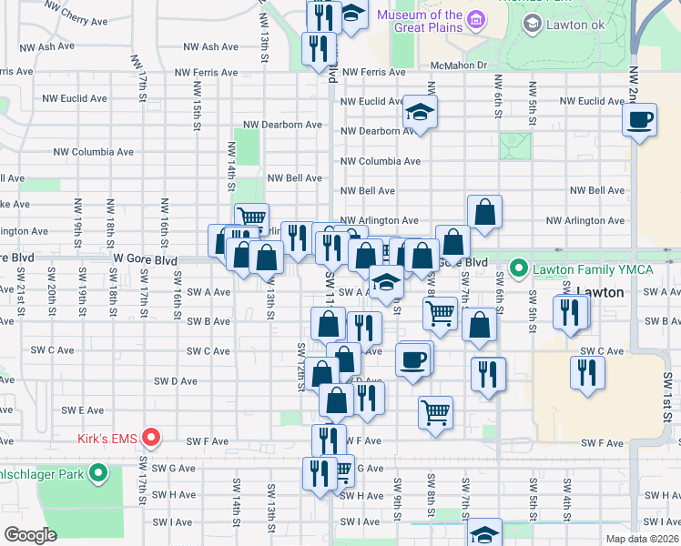 map of restaurants, bars, coffee shops, grocery stores, and more near 10 Southwest 11th Street in Lawton
