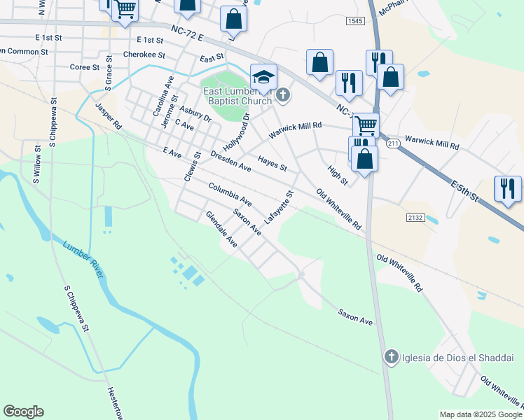 map of restaurants, bars, coffee shops, grocery stores, and more near 701 Columbia Avenue in Lumberton