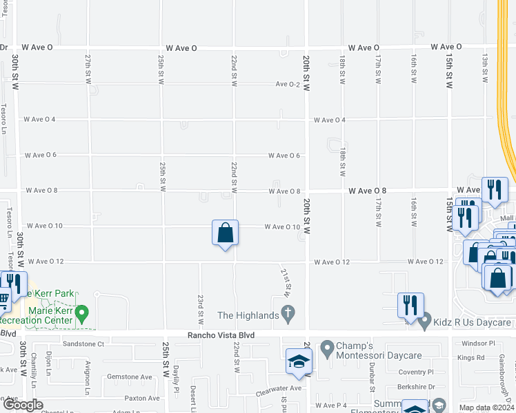 map of restaurants, bars, coffee shops, grocery stores, and more near 2124 West Avenue O 8 in Palmdale