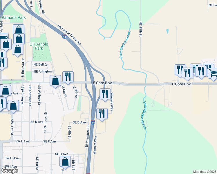 map of restaurants, bars, coffee shops, grocery stores, and more near 1121 East Gore Boulevard in Lawton