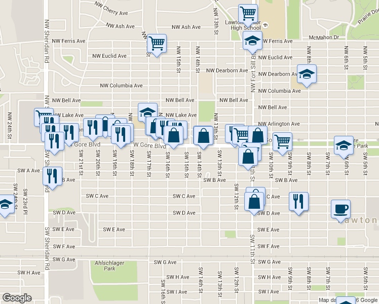 map of restaurants, bars, coffee shops, grocery stores, and more near 1416 West Gore Boulevard in Lawton
