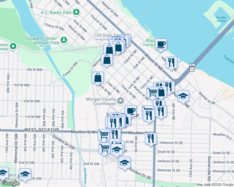 map of restaurants, bars, coffee shops, grocery stores, and more near 213 Cain Street Northeast in Decatur