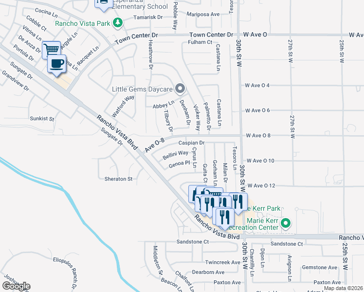 map of restaurants, bars, coffee shops, grocery stores, and more near 3310 Caspian Drive in Palmdale