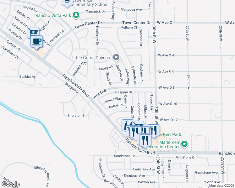 map of restaurants, bars, coffee shops, grocery stores, and more near 3225 Bellini Way in Palmdale