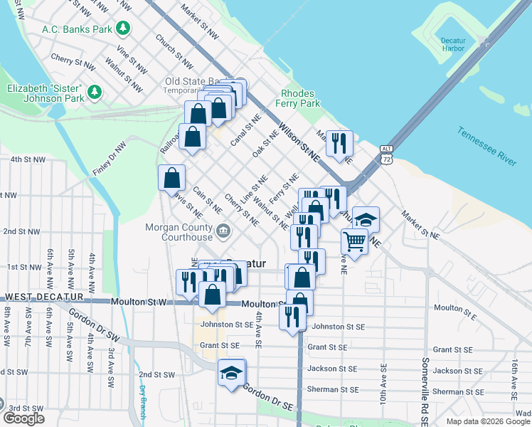 map of restaurants, bars, coffee shops, grocery stores, and more near 415 Walnut Street Northeast in Decatur