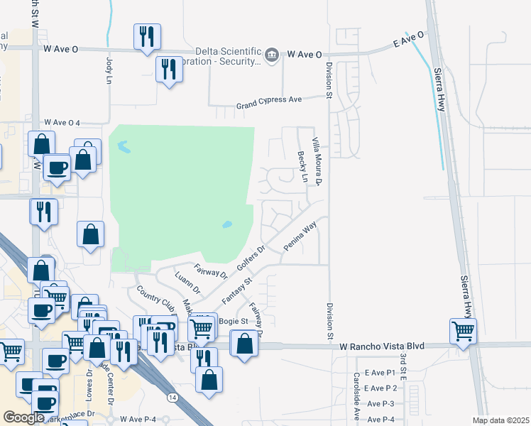 map of restaurants, bars, coffee shops, grocery stores, and more near 39970 Dyott Way in Palmdale