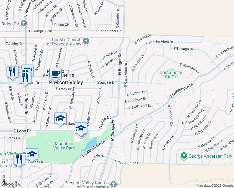map of restaurants, bars, coffee shops, grocery stores, and more near 4485 North Ranger Road in Prescott Valley