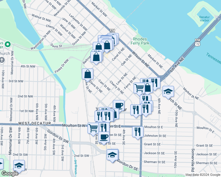 map of restaurants, bars, coffee shops, grocery stores, and more near 219 Cain Street Northeast in Decatur