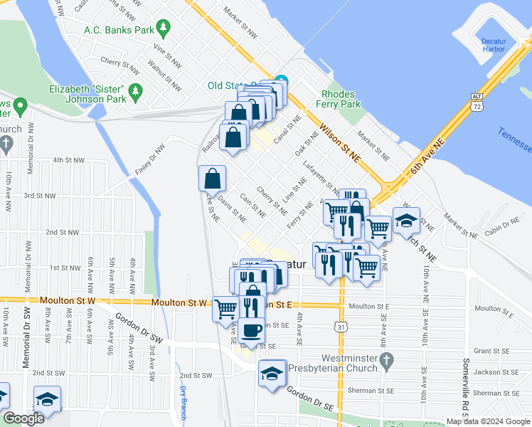 map of restaurants, bars, coffee shops, grocery stores, and more near 219 Cain Street Northeast in Decatur
