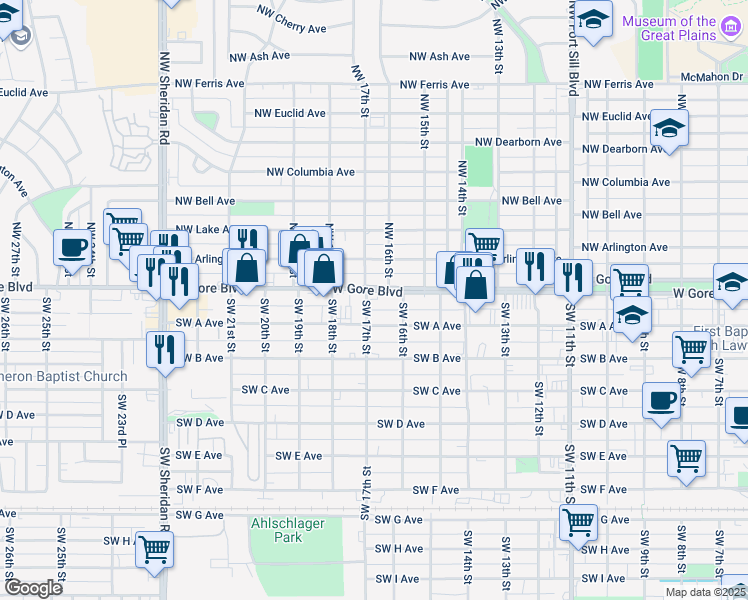 map of restaurants, bars, coffee shops, grocery stores, and more near 1616 West Gore Boulevard in Lawton