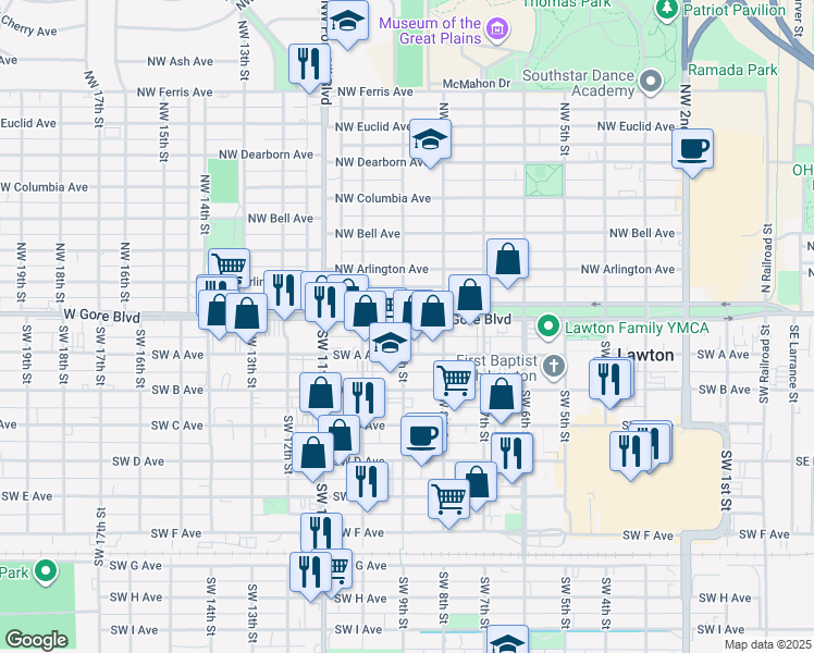 map of restaurants, bars, coffee shops, grocery stores, and more near 815 Southwest A Avenue in Lawton