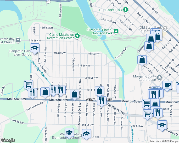 map of restaurants, bars, coffee shops, grocery stores, and more near 306 8th Avenue Northwest in Decatur