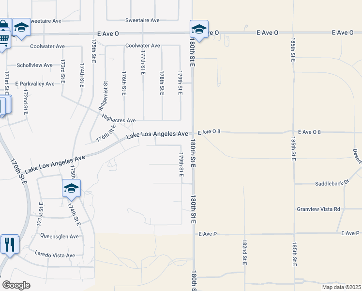 map of restaurants, bars, coffee shops, grocery stores, and more near 179th Street East in Palmdale
