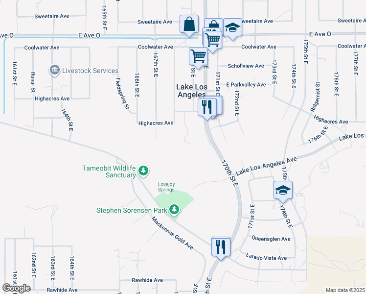 map of restaurants, bars, coffee shops, grocery stores, and more near 16822 Glenfall Avenue in Palmdale